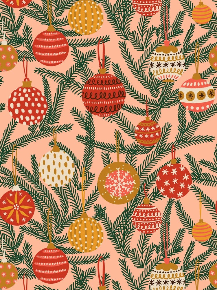 Vintage Christmas Baubles Holiday Ornaments Evergreen Branches Deep Tone