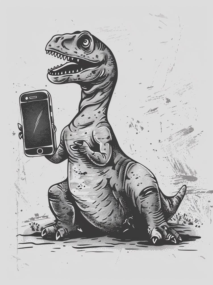 Dinosaur & A Smart Phone Black Shading Sketch 1