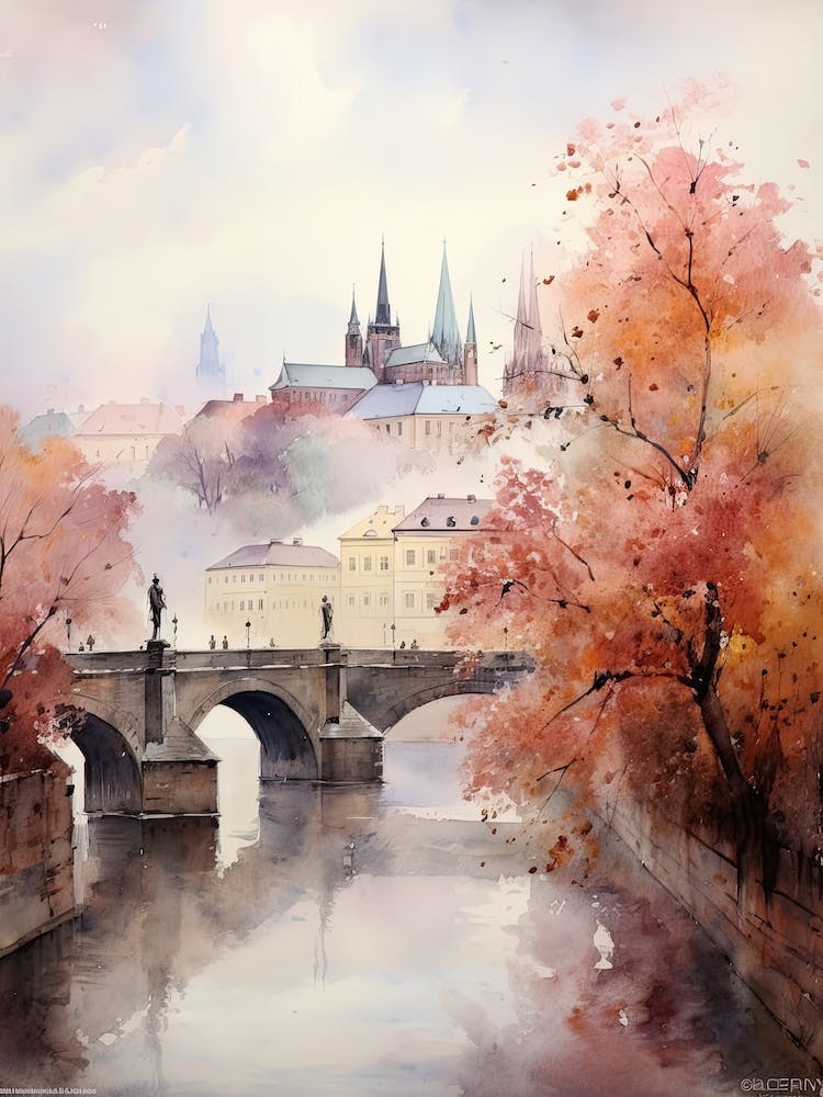 Prague Czech Republic In Autumn Fall, Watercolour 4
