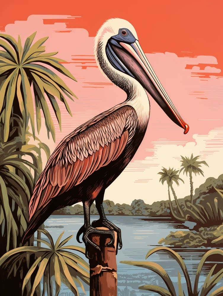 Vintage Bird Linocut Brown Pelican 2