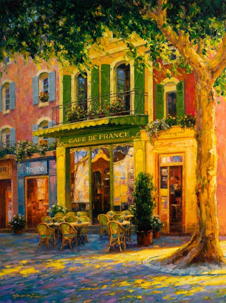 Old Town Cafe by Xaixia Liu "Cafe De France" Chinese Impressionism Painter | European Cafe Art in HD Immaculate Image
