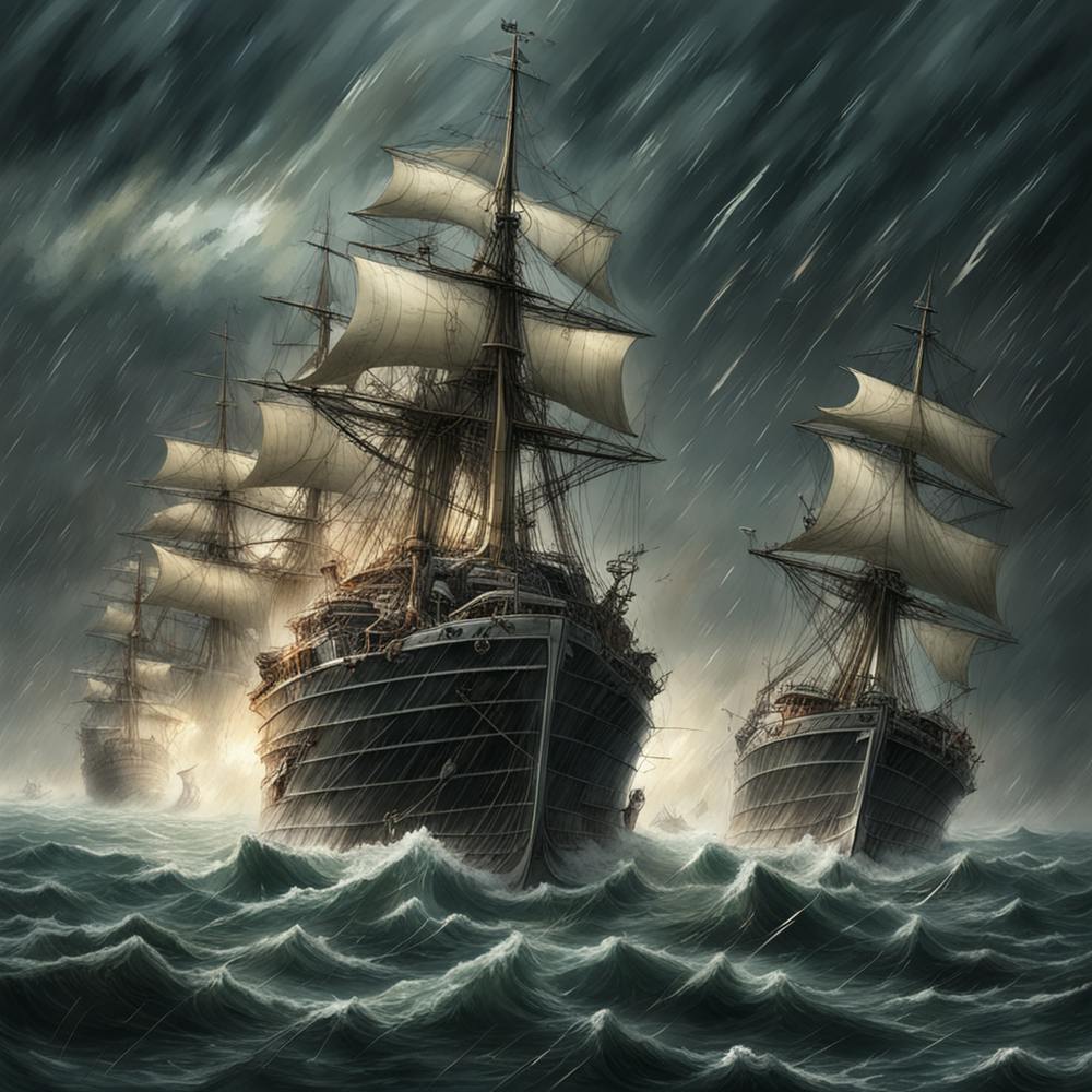 Zwei Schiffe im Seekampf in einem gewaltigen Gewitter Hyperrealistisch 20346549