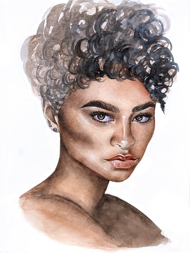 Watercolor portrait of a woman with curly hair