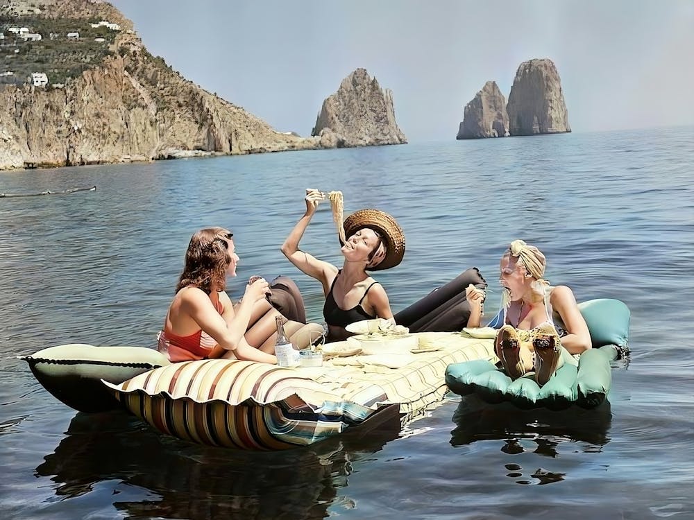 Women Eating Pasta On Water, Eating Spaghetti On Lake Print, Colored Vintage Wall Art, Funny Picnic On Floaties Poster, Ocean Wall Decor