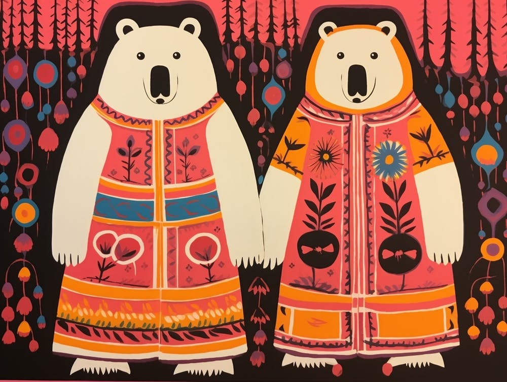 Polar Bear 2 Folk Style Animal Illustration