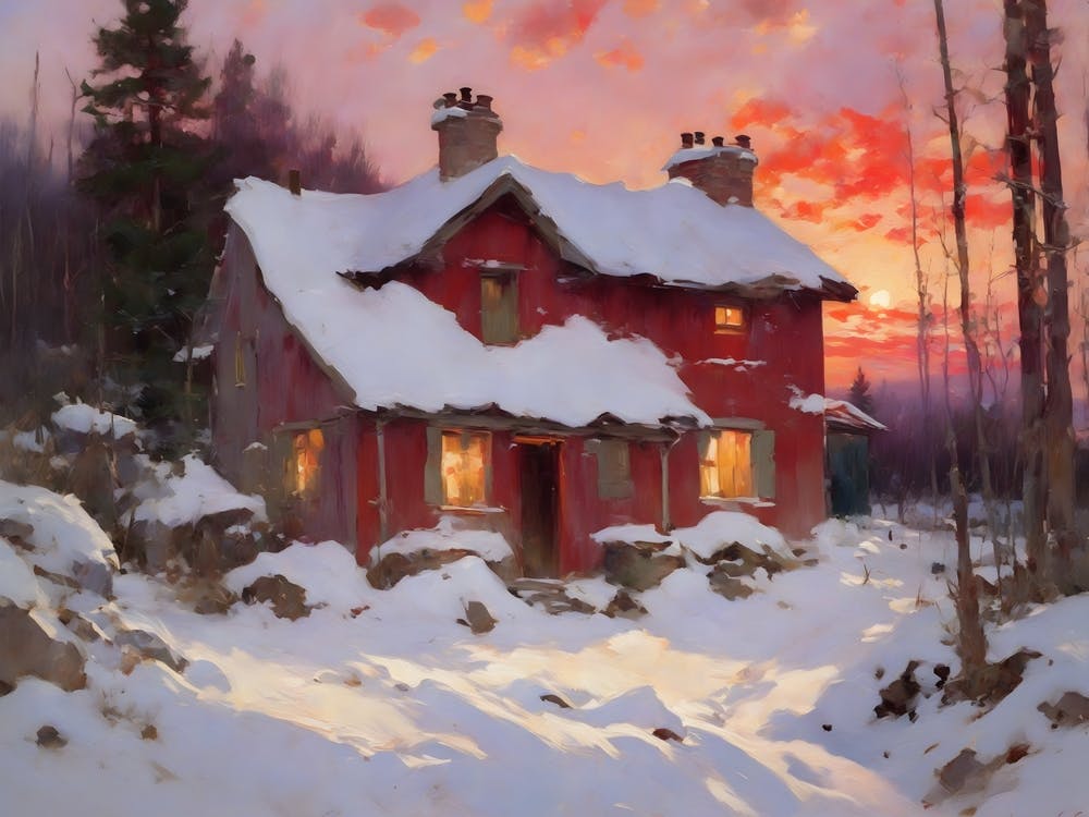 Cabane Rouge Au Coucher Du Soleil