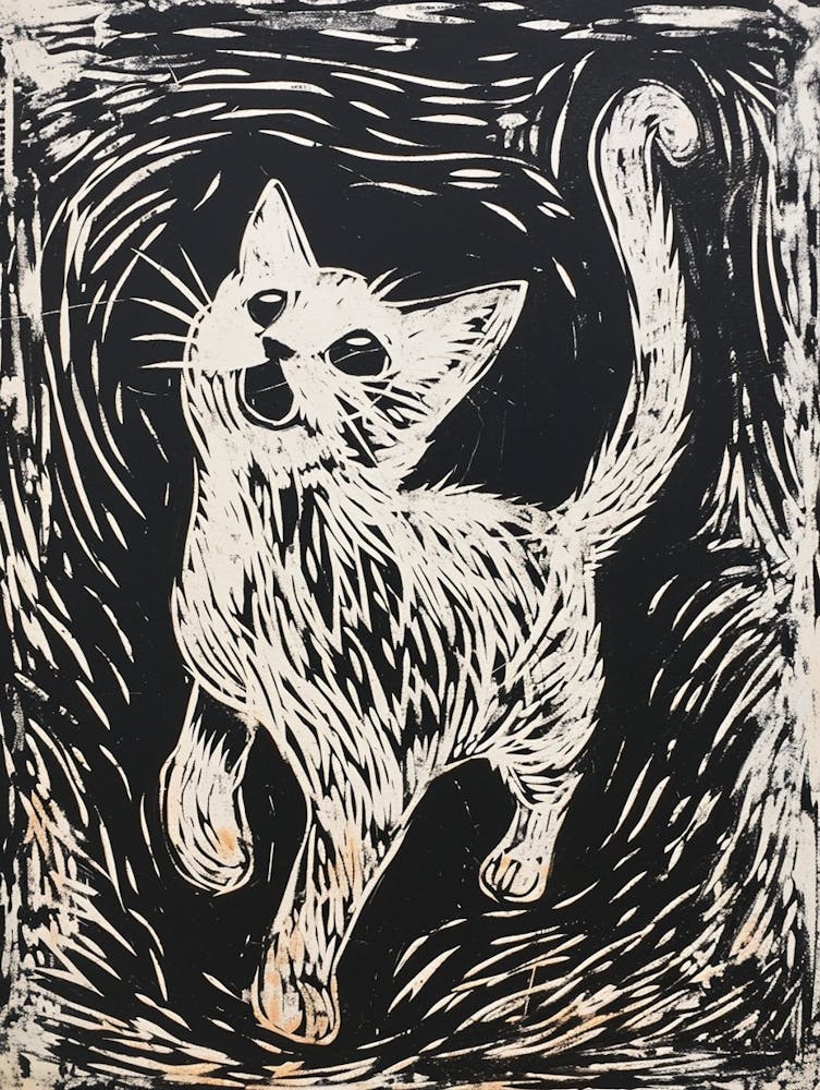 Oriental Shorthair Cat Linocut Blockprint 6