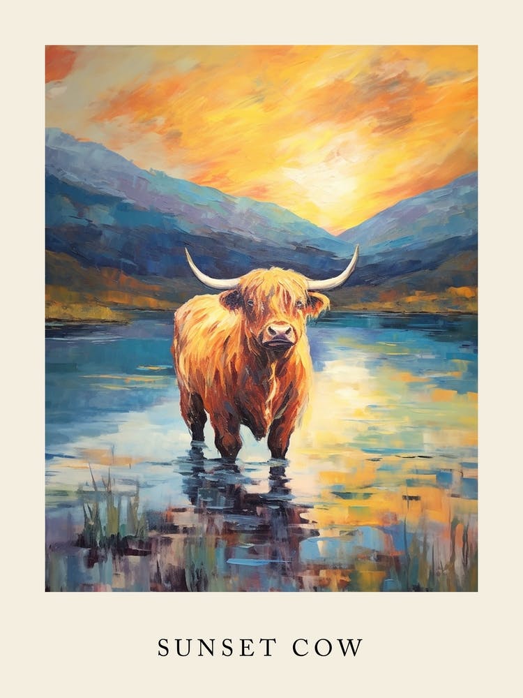 Sunset Brushstroke Impressionsim Style Painting Of A Highland Cow 2