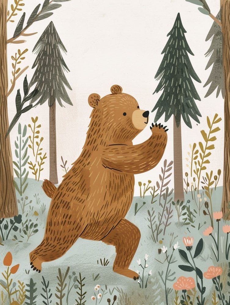 Brown Bear Dancing In The Woods Storybook Illustration 4
