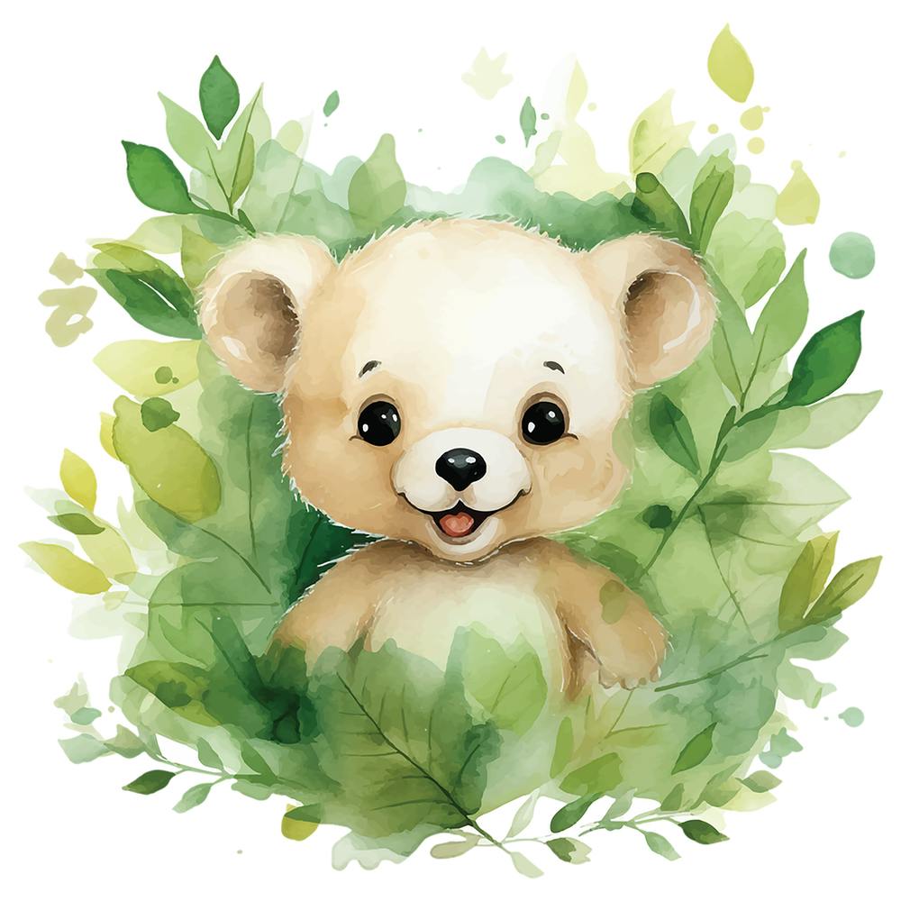 Watercolor Teddy Bear With Leaves