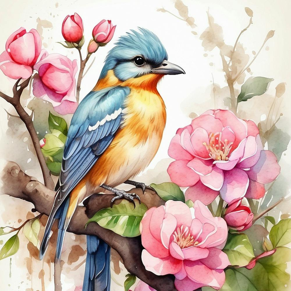 Watercolor Bird On A Branch