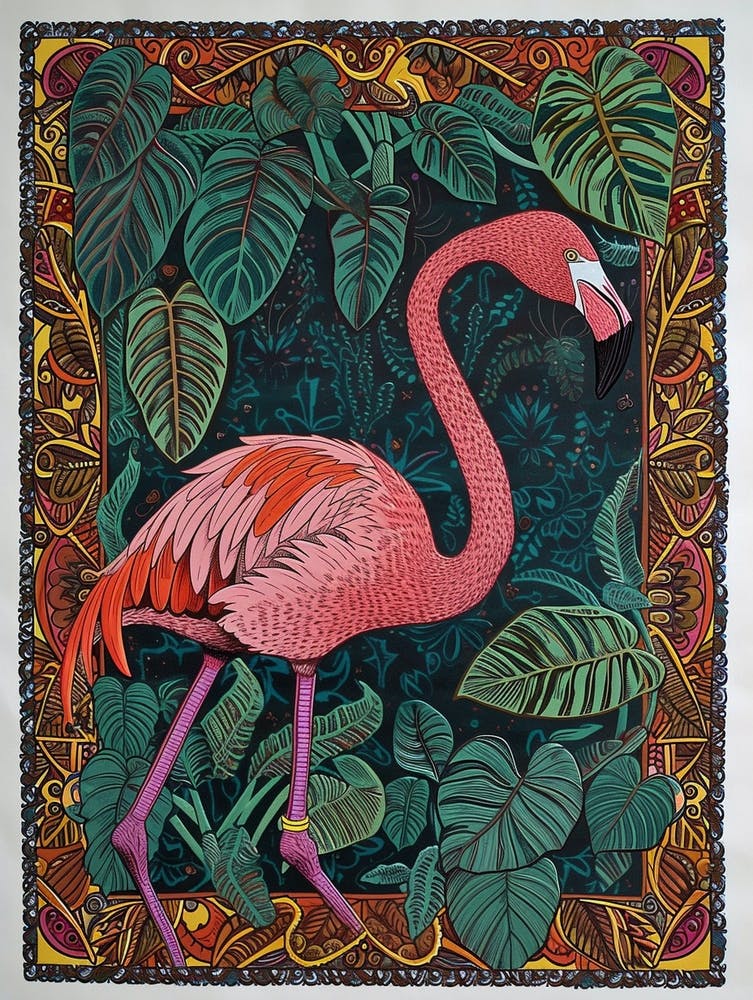 Großer Flamingo und Philodendren Boho-Druck 1