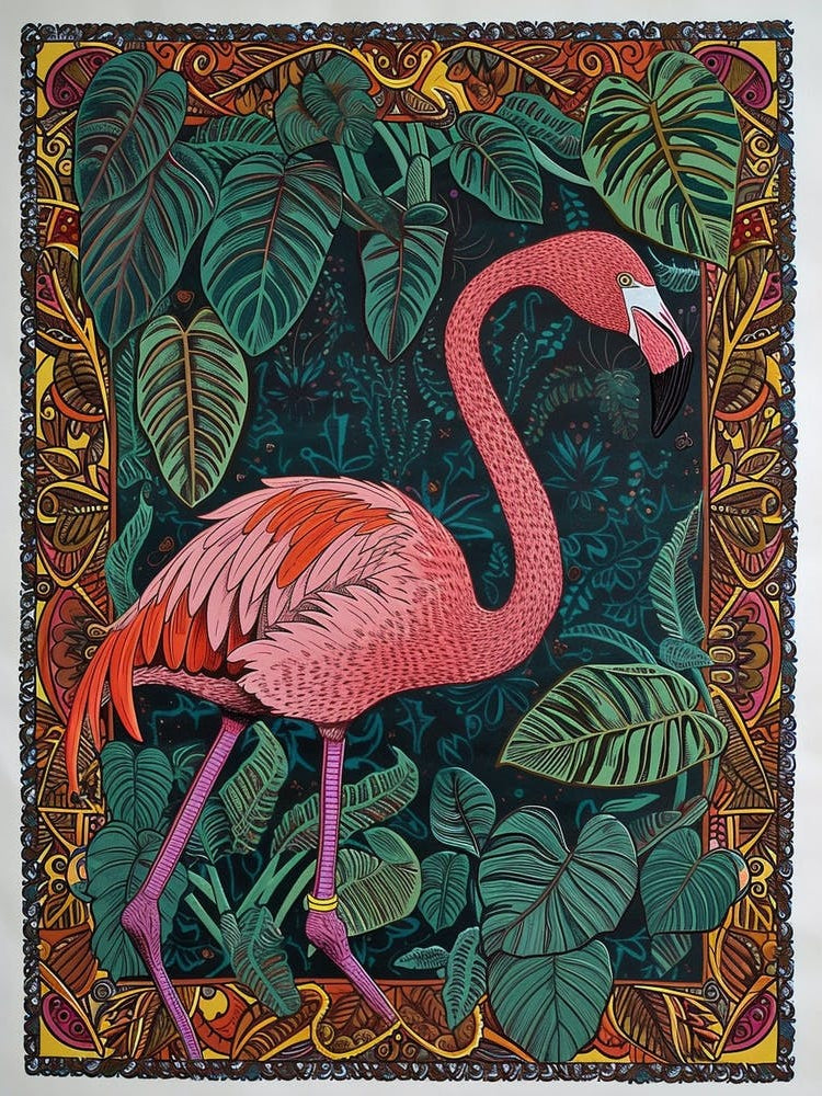 Greater Flamingo And Philodendrons Boho Print 1