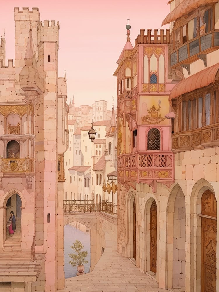 Valencia Spain 1 Vintage Pink Travel Illustration