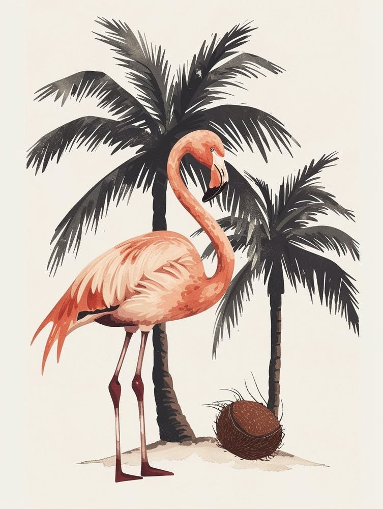 American Flamingo And Coconut Trees Minimalist Illustration 1