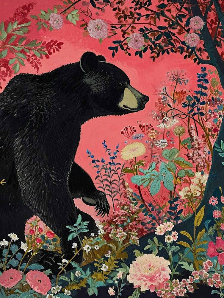 Floral Animal Painting Black Bear 2