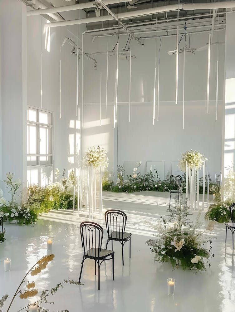 Modern White Space With A White Wooden Structure At The Top, A Sunroom, Transparent Windows, Minimalist Style Lighting Fixtures With White Candles On Top And Black Art Chairs Surrounding The White Floor