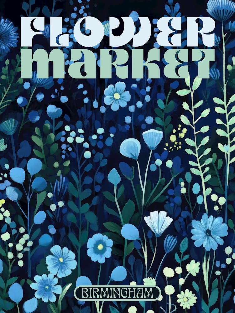 Birmingham Stadt-Druck Blumenmarkt-Poster in Dunkelblau, Retro-Ästhetik Blumenillustration mit 70er-Jahre-Typografie, Vintage Reiseposter perfekt für eklektische Wohnzimmer, Schlafzimmer, Küchen, Eingangsbereiche