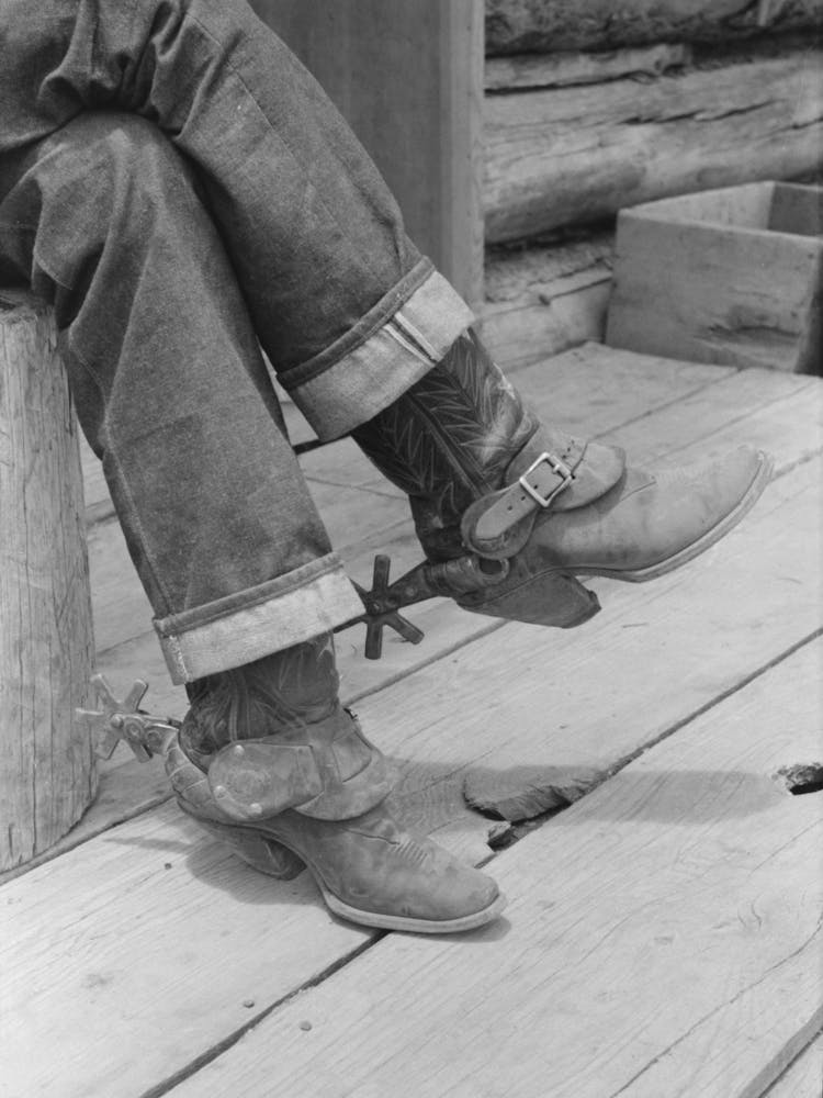 Untitled Photo, Possibly Related To Detail Of Farmer S Blue Jeans, Boots And Spurs, This Man Was Once A Cowboy
