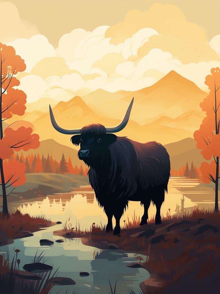Black Bull In The Highlands At Sunset
