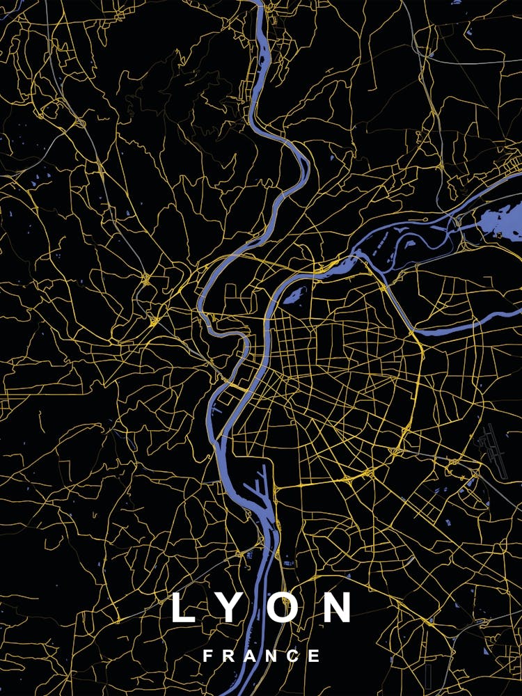 Lyon France City Map Black and Gold