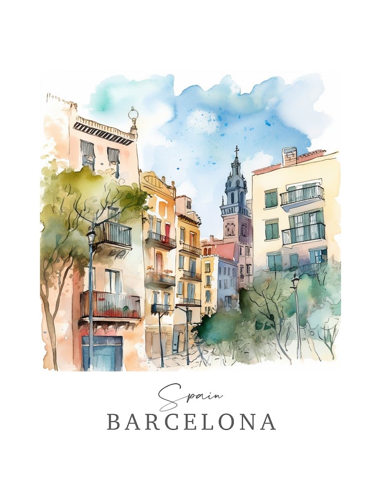Spain, Barcelona Storybook 4 Travel Poster Watercolour