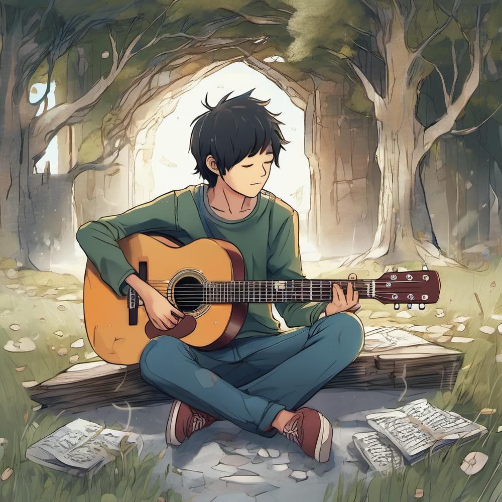 A Young Man Playing the Guitar in Nature's Embrace During the Setting Sun"