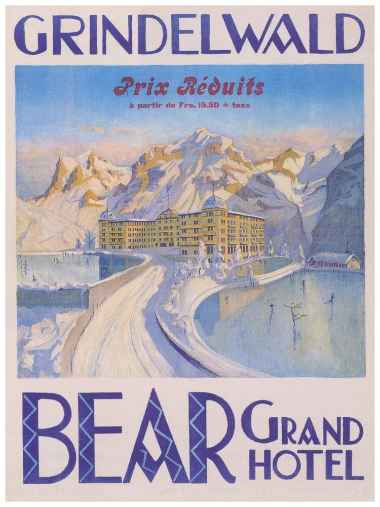 Grindelwald, Switzerland, Bear Grand Hotel, Winter, Vintage Travel Poster