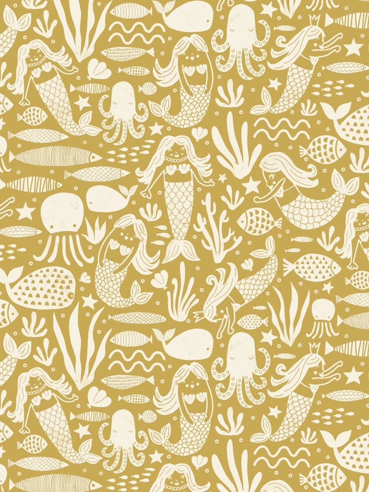Underwater Mermaids and Sea Life Block Print White on Golden Yellow Kids