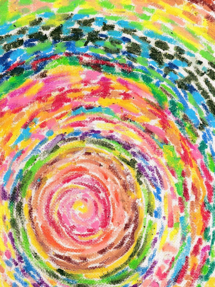 Rainbow Spiral Abstract, Colorful Oil Pastel Circle Painting.