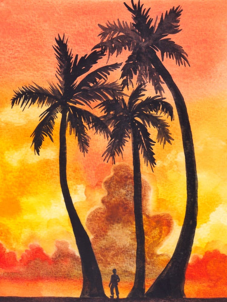 Seul au Coucher du Soleil Avec des Palmiers