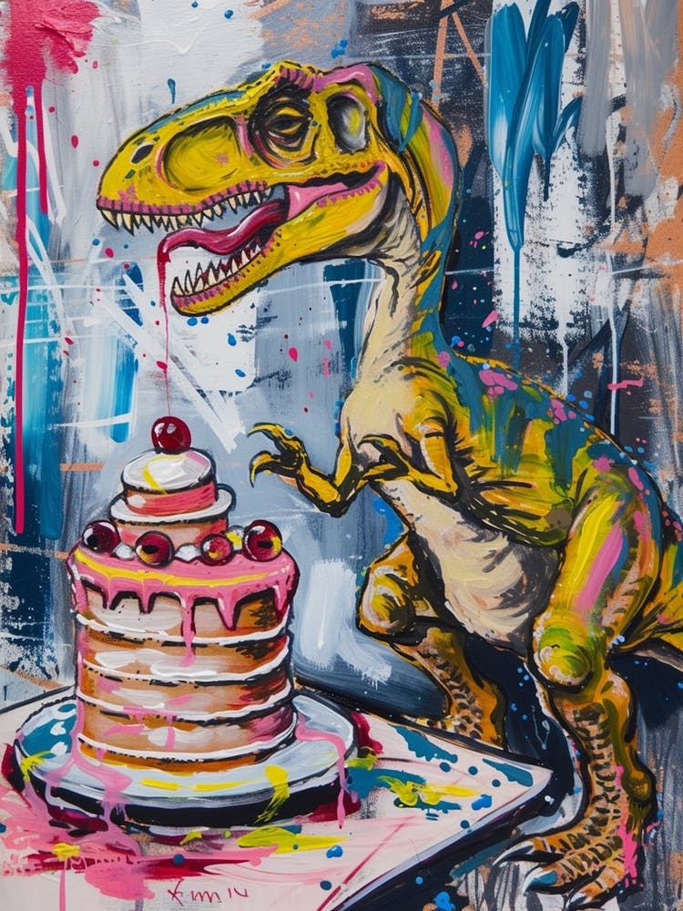 Wild Brushstroke Dinosaur Baking A Cake 1