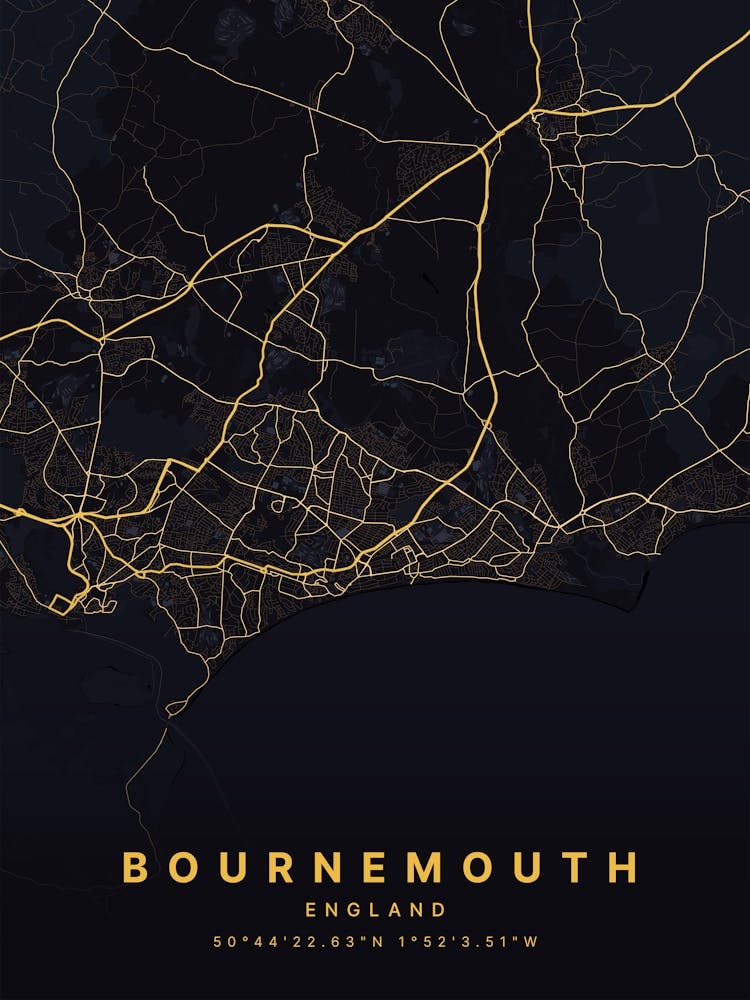 Bournemouth England Black And Gold Map