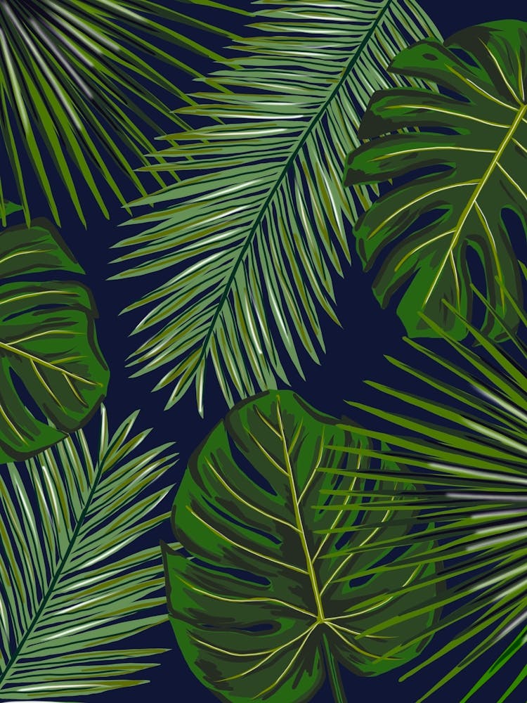 Tropical Monstera and Palm Leaves on Blue