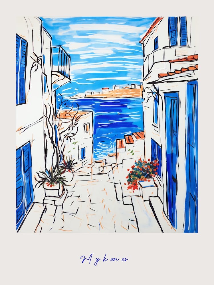 Mykonos Greece Mediterranean Blue Drawing Poster