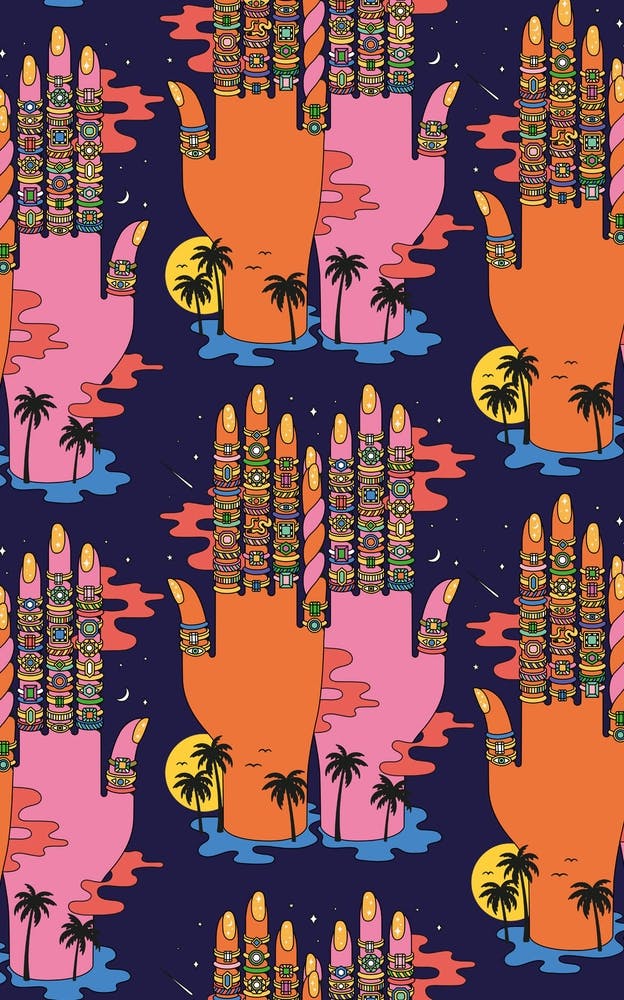 Mystic Traveller Hands Jeweled Rings Palm Trees And Stars