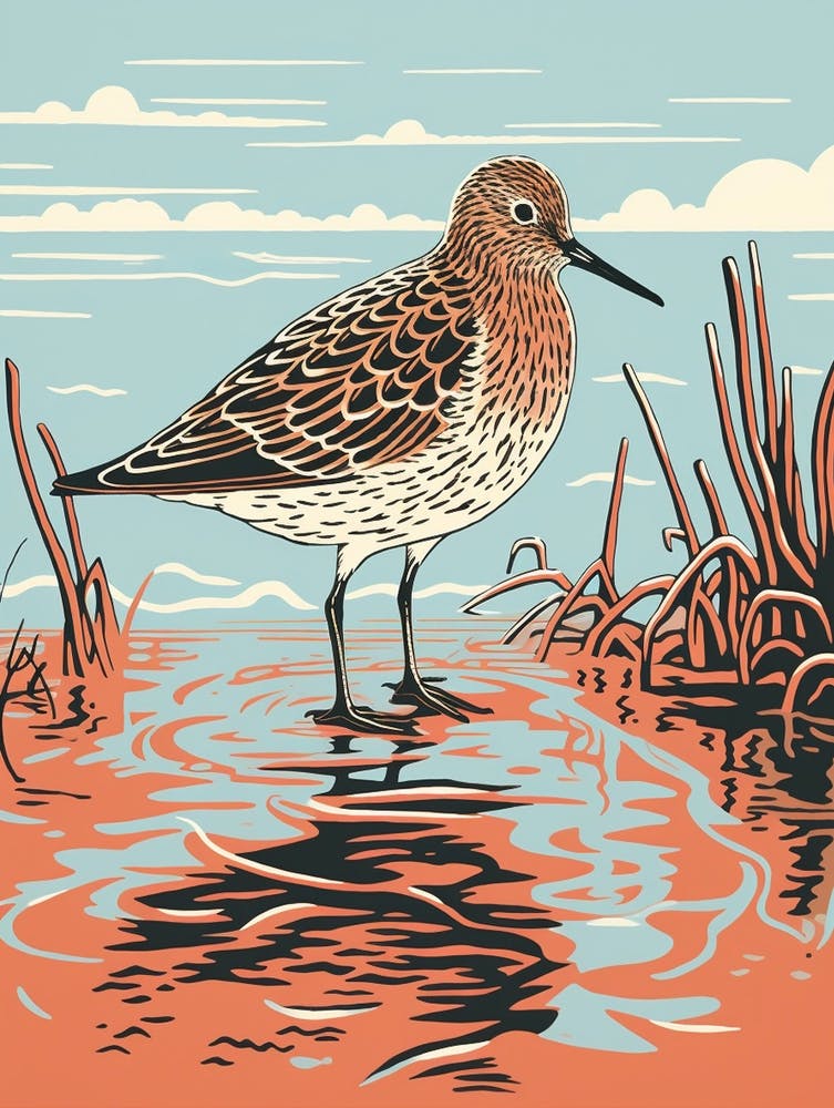 Vintage Bird Linocut Dunlin 4