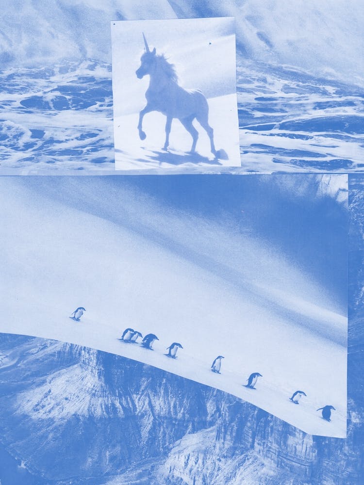 Unicorn Vs Penguin Blue Collage