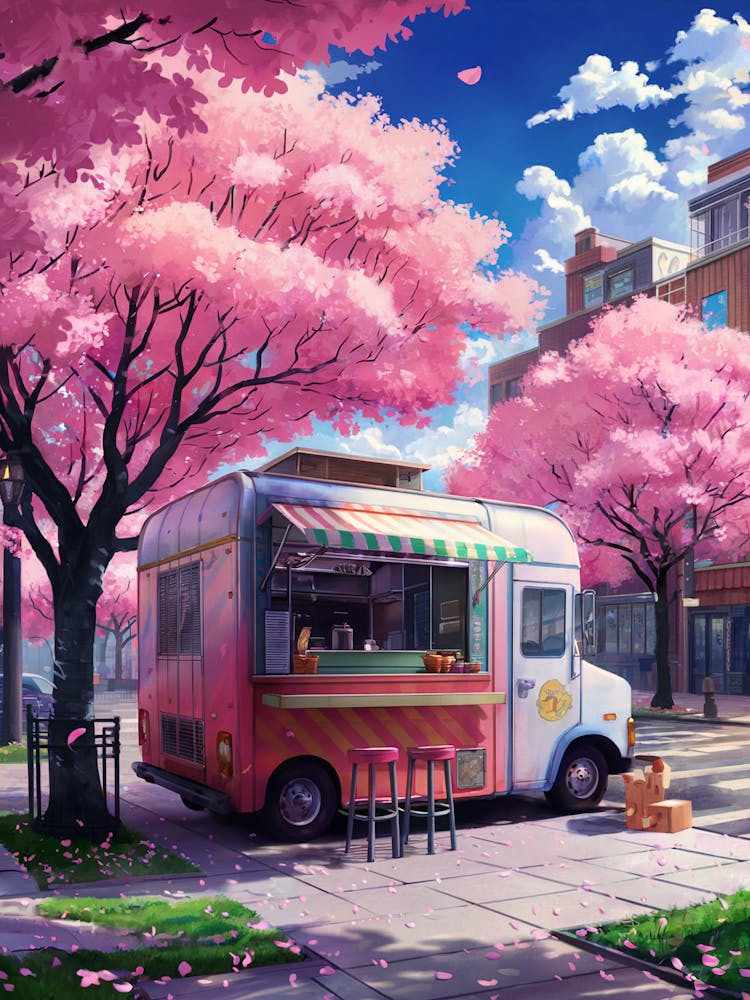Lofi Anime Art: A cozy food truck under vibrant cherry blossoms on a sunny spring street. Perfect for cheerful, nostalgic vibes.