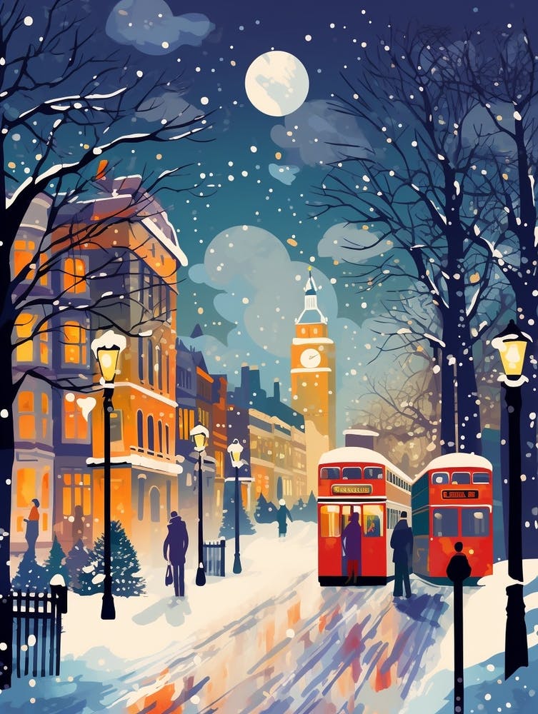 Winter Travel Night Illustration London United Kingdom 8