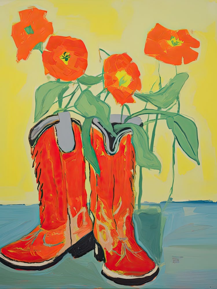 Painting Of Red Flowers And Cowboy Boots, Oil Style 2