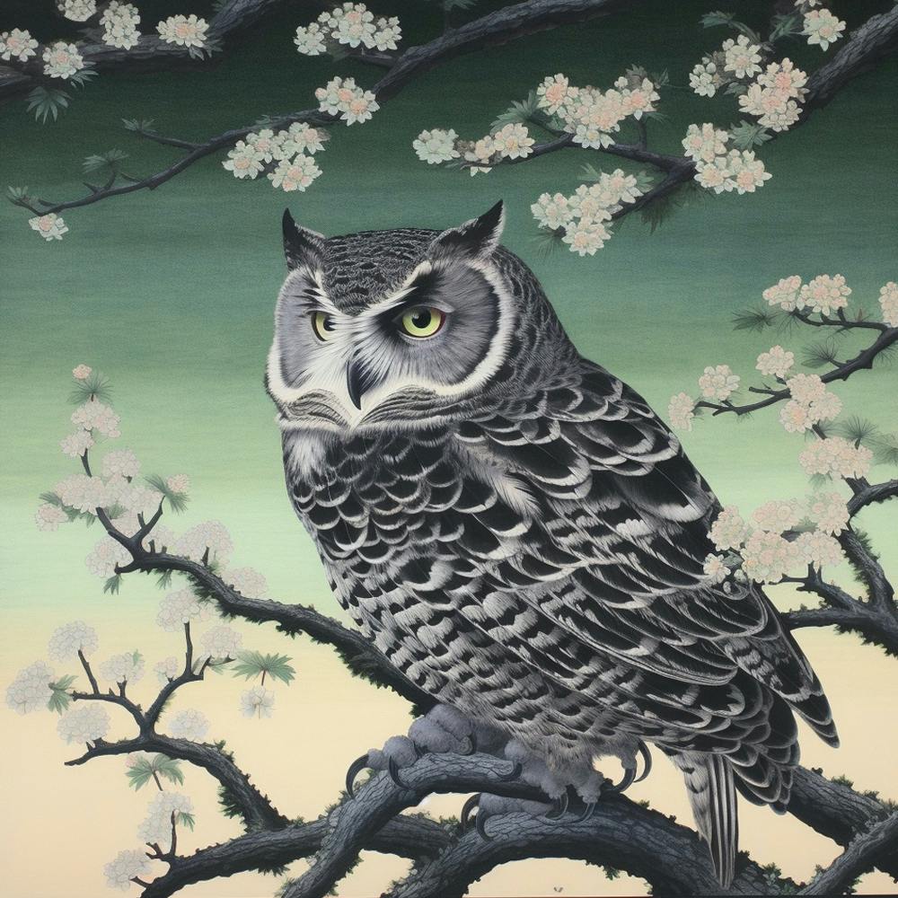 Ohara Koson Inspired Bird Painting Eastern Screech Owl 2 Square