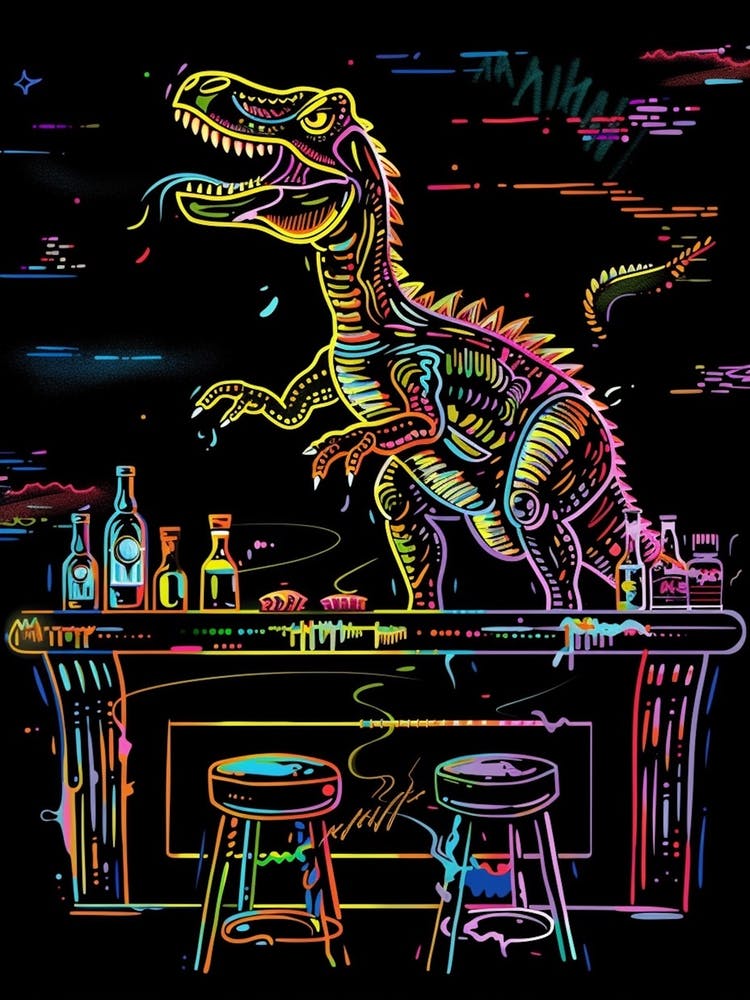 Neon Dinosaur At A Bar