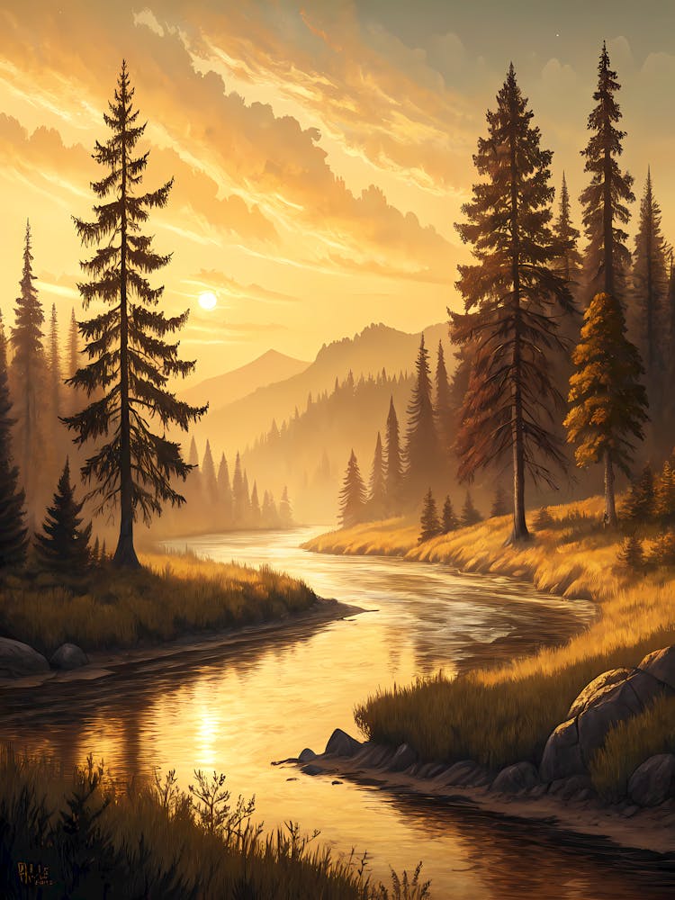 Calm River Winding Through Pine Forests Under Gol