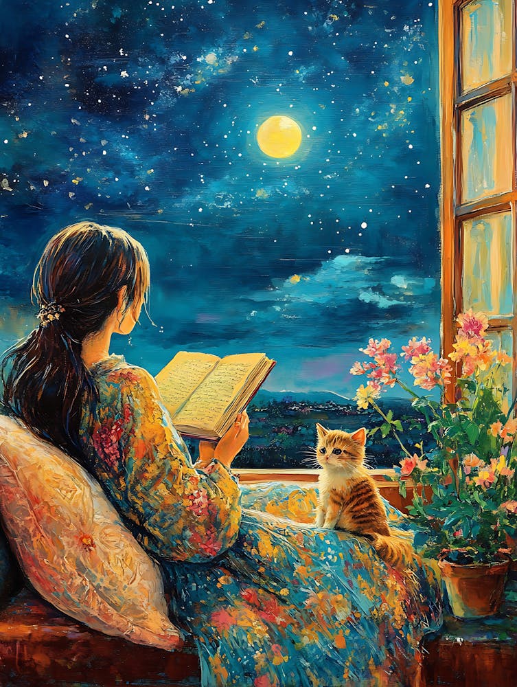 Girl Reading Book with Her Cat 13