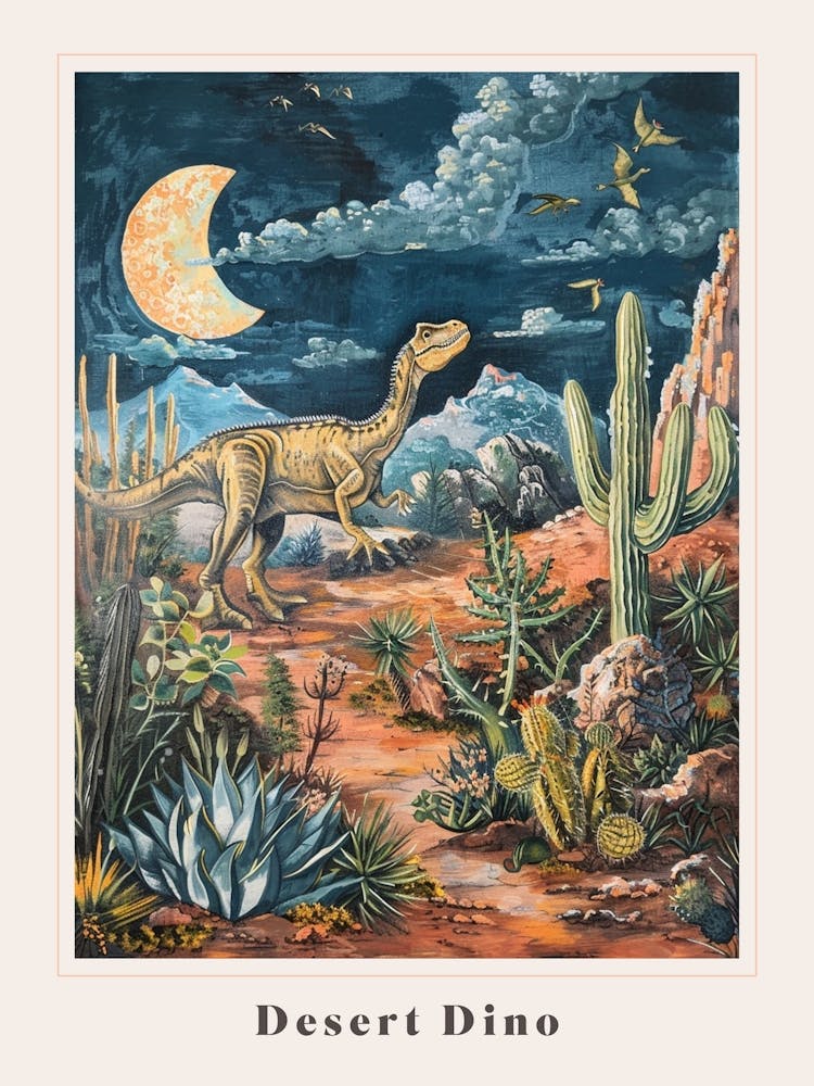 Dinosaur In The Desert At Night Painting Poster