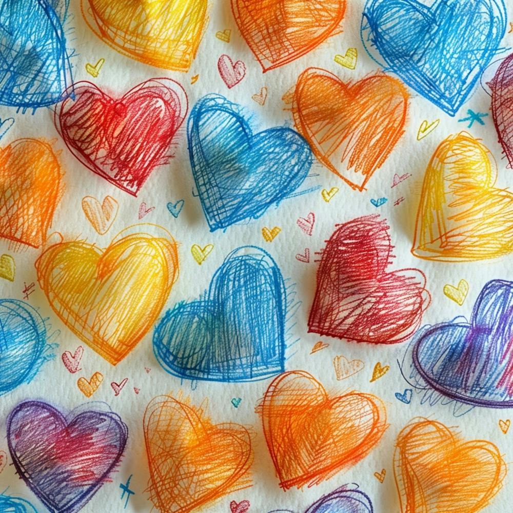 On A White Background Various Hearts Drawn In Colored Pencil And With A Scribble Texture