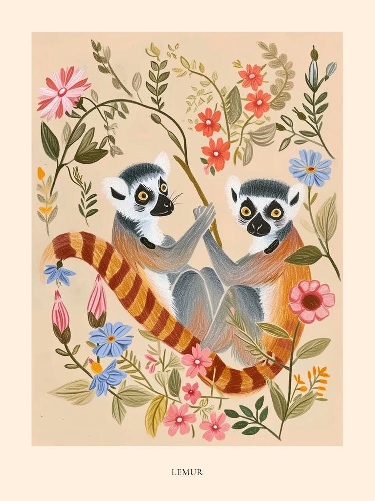 Folksy Floral Animal Drawing Lemur 2 Poster