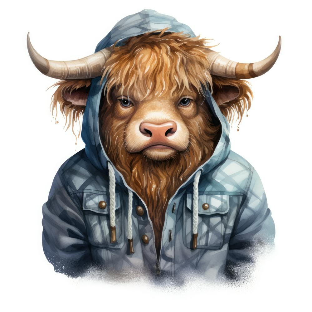 Watercolour Cartoon Yak In A Hoodie