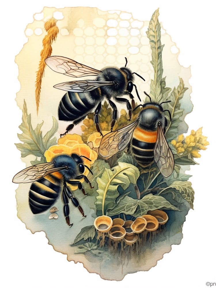 Half Black Leafcutter Bee Beehive Watercolour Illustration 2